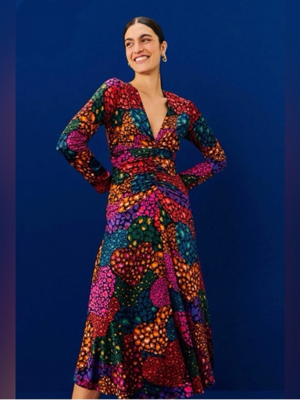 FARM Rio V-Neck Long Sleeve Multicolor Floral Midi Dress Small NwT